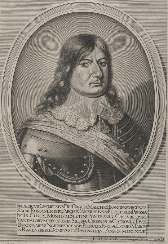 Portret mężczyzny w średnim wieku. Mężczyzna ubrany jest w zbroję, pod szyją ma duży kołnierz wykończony koronką. Portretowany ma długie, lekko falowane włosy, opadające na ramiona, oraz duży nos i poważny wyraz twarzy. Portret ujęty jest w owalną ramę, pod którą znajduje się tablica z napisami po łacinie. Jest to Portret Fryderyka Wilhelma elektora brandenburskiego. 