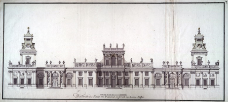 Rysunek w przedstawieniem elewacji zachodniej pałacu w Wilanowie. Każdy szczegół architektury jest wiernie oddany, w realistyczny sposób.