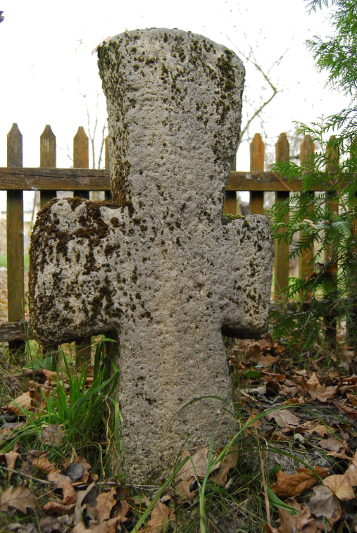 Kolorowe zdjęcie współczesne. Przedstawia kamienny krzyż wśród traw i zeschniętych liści. Za krzyżem drewniane ogrodzenie.