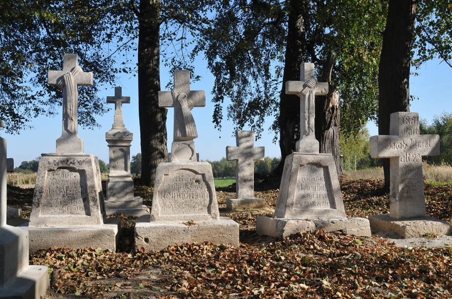 Kolorowe zdjęcie współczesne. Przedstawia cmentarz w lesie. Jest to cmentarz ewangelicki w Podlesiu. 