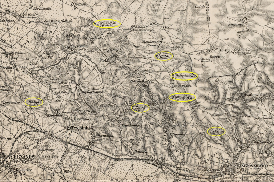 Mapa przedstawia zaznaczone ośrodki wydobycia galmanu. 