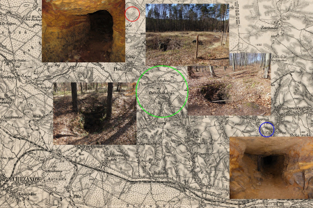 Fotomontaż. Stara mapa, na którą nałożono pięć zdjęć dokumentujących poszukiwania i wydobycie  galmanu.