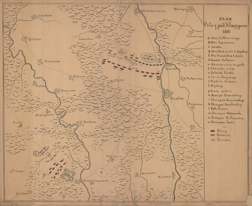 Rysunek przedstawia punkty na mapie i rozstawione wojska. Jest to plan bitwy pod Kłuszynem z 1610 r.