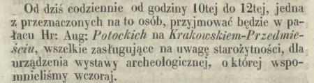 Wycinek z „Kuriera Warszawskiego” z dnia 8 maja 1856 r. anonsujący zbiórkę eksponatów.