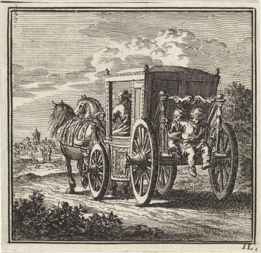 Stara rycina. Przedstawia powóz konny jadący drogą. Prowadzą go dwa konie i woźnica, z tyłu na dużych kołach i wsporniku siedzą dwie postaci wyglądające na dzieci.