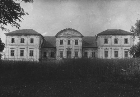 Czarno białe zdjęcie. Przedstawia widok na zniszczony pałac. Na pierwszym planie widzimy wysoką trwę. Jest to pałac w Łubnicach.