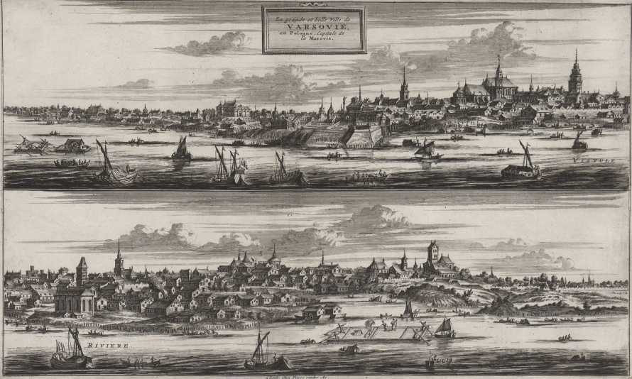 Grafika przedstawia panoramę Warszawy. Podzielona jest na dwie części. Górna część pokazuje stare miasto, zamek królewski z widokiem na Wisłę i płynące po niej statki. Dolna część przedstawia widok po drugiej stronie Wisły, gdzie widzimy kościoły i inne zabudowania miejskie. 
