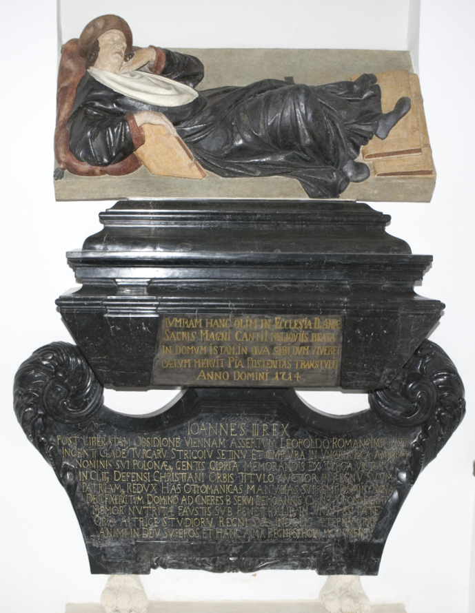 Tablica upamiętniająca złożenie przez króla Jana III Sobieskiego w 1684 roku wotów przy grobie św. Jana Kantego w kościele św. Anny w Krakowie. 