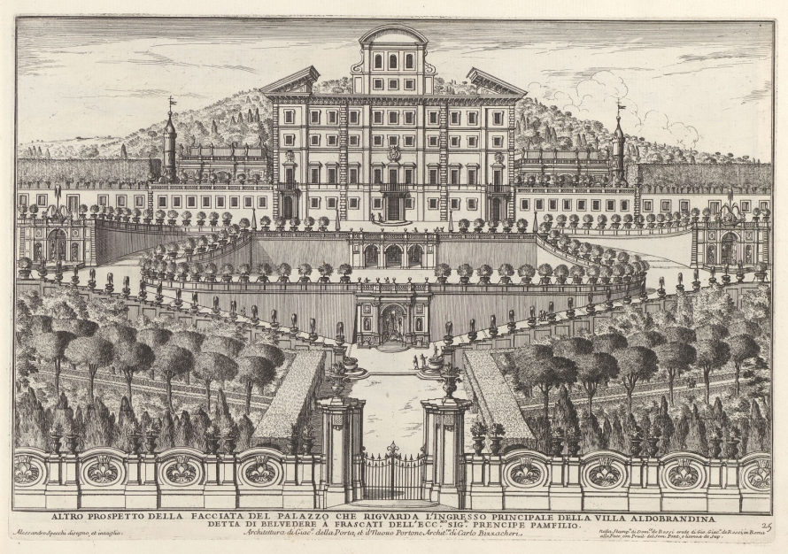 Ilustracja przedstawiająca pałac w typie renesansowym i ogród. Całość ogrodzona. Rysunek oddaje precyzyjnie detale i szczegóły. Jest to Villa Aldobrandini te Frascati.