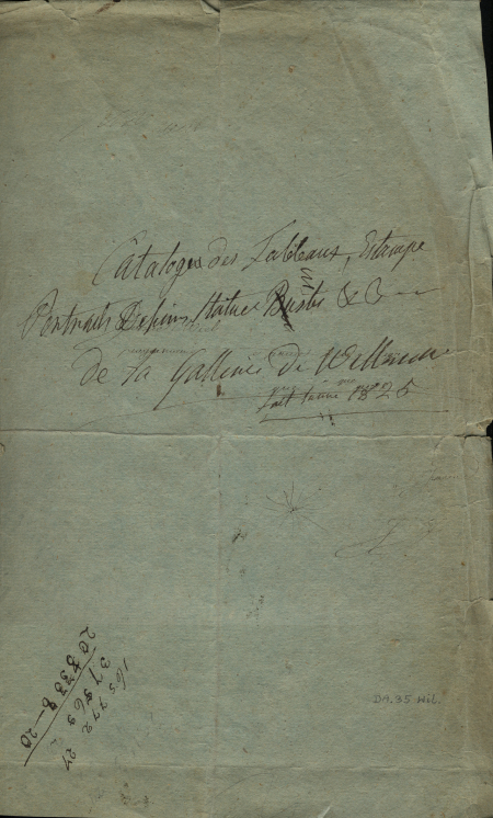 Zielona, pożółkła karta, która pochodzi z inwentarza obrazów z pałacu wilanowskiego z roku 1825.