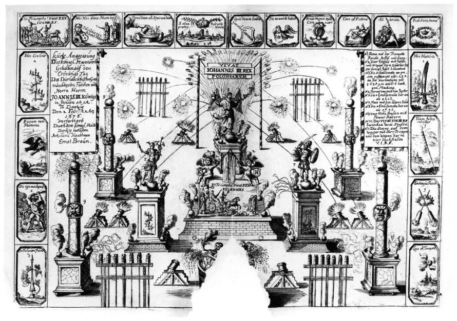 Grafika ilustruje fajerwerki w Gdańsku z okazji koronacji Jana III Sobieskiego. Na środku kompozycji pomnik z aniołem i puttami. Po bokach dwa cokoły z pomnikami rycerzy. Na zewnątrz cztery kolumny. Naokoło kompozycji małe obrazki z ilustracjami oraz teksty.