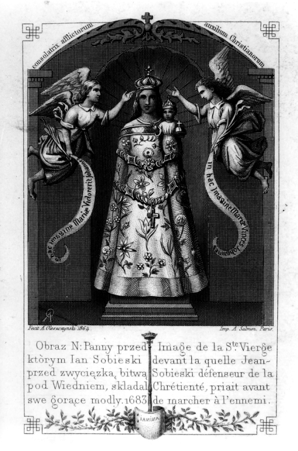 Grafika z przedstawieniem Matki Boskiej z dzieciątkiem Jezus w otoczeniu dwóch aniołów. Maryja ubrana jest w dekoracyjną suknię w kwiaty. Jej postać opleciona jest różańcem. Matka Boska stoi na postumencie w niszy. Jest to Matka Boska Loretańska Sobieskich.