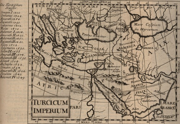 Stara pożółkła mapa. Przedstawia Imperium tureckie. 