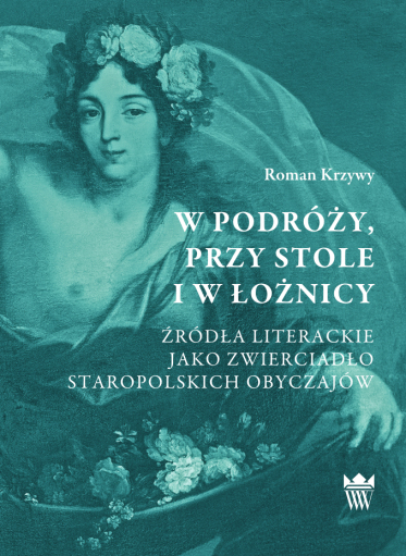 Okładka książki w kolorze zieleni z przedstawieniem młodej kobiety w wianku z koszem kwiatów