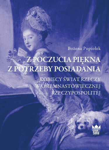 Okładka książki w kolorze fiołkowo-niebieskim przedstawiające młoda kobietę trzymającą bukiet kwiatów. Obok niej leży piesek.