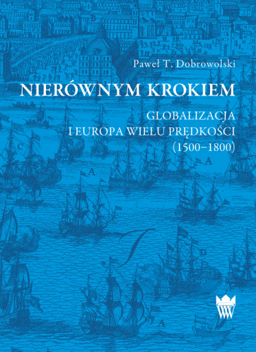 Niebieska okładka książki z przedstawieniem statków żaglowych, w tle zabudowania miasta.