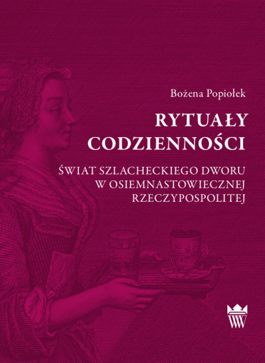 Okładka książki w kolorze fuksji z przedstawieniem młodej kobiety niosącej tacę ze szklanką i filiżanką.