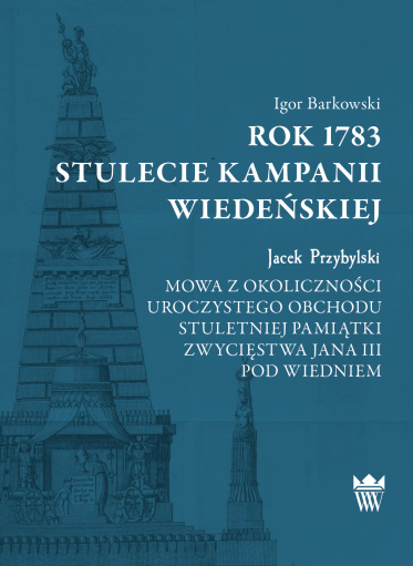 Niebieska okładka książki z przedstawieniem pomnika w formie wydłużonej piramidy po lewej stronie.