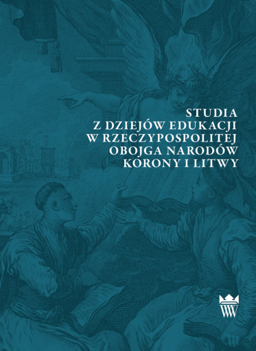 Turkusowa okładka z ryciną przedstawiającą dwóch mężczyzn w historycznych strojach z księgami i anioła.