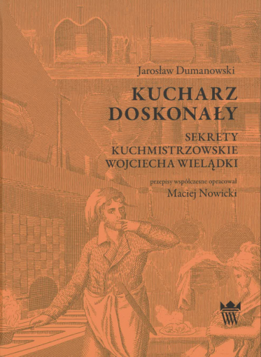 Pomarańczowa okładka książki z przedstawieniem kucharza w kuchni.