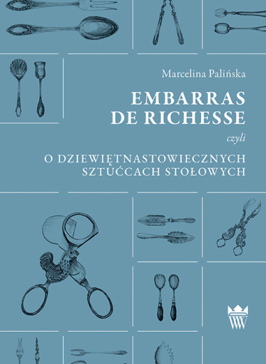 Niebieska okładka książki z rysunkami przedstawiającymi różne sztućce.