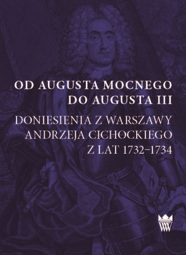 Fiolteowa okładka książki z przedstawieniem króla Augusta II Mocnego w zbroi i peruce.