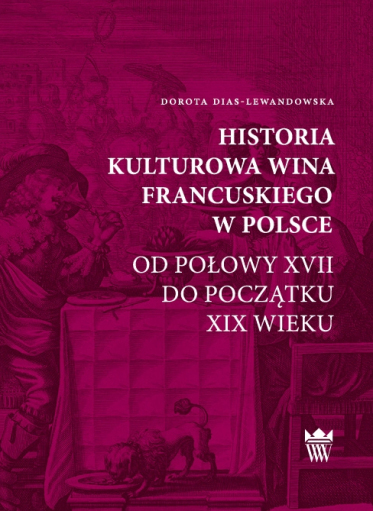 Purpurowa okładka książki z ryciną przedstawiającą biesiadę - ludzi w strojach historycznych siedzących przy stole, pijących wino.