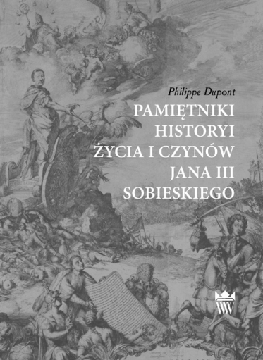 Szara okładka książki z ryciną gloryfikującą króla Jana III. Król ukazany jest jako antyczny bohater na rydwanie, którego prowadzi orzeł.