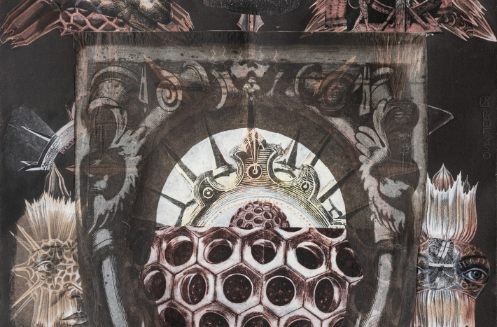 Grafika w ciemnej tonacji z elementami przedstawiającymi oczy, zwierzęta, ozdobne kształy.