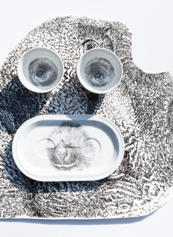 Czarnobiałe elementy: dwie miseczki z oczami w środku i talerzyk z głową małpy leżą na serwecie z elementem głowy małpy. 