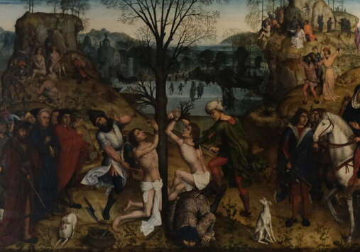 Podłużny poziomy obraz ze scenami męczeństwa.