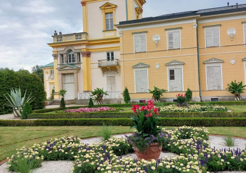 Posadzone kolorowe kwiaty tworzą kształt ozdobny. W tle widoczna wieża i elewacja pałacu.