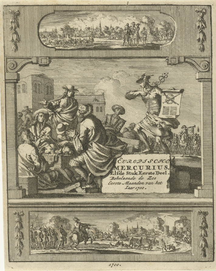Strona tytułowa „Europische Mercurius” z czarno-białą grafiką gdzie Merkury pokazuje ludziom zgromadzonym przy stole trzymany w ręku wydruk prasowy.