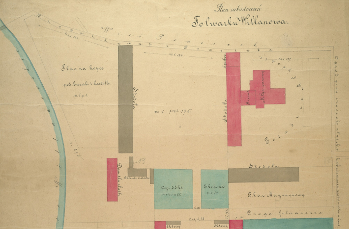 Stara mapa z rozplanowanymi zabudowaniami folwarku wilanowskiego