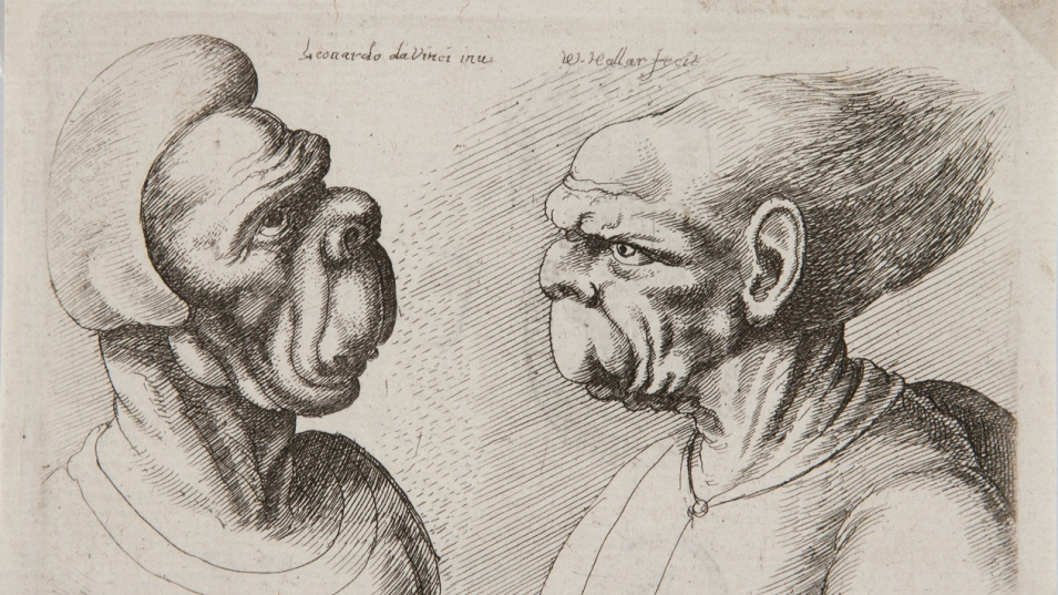 Václav Hollar (1607-1677), „Dwie głowy zwrócone ku sobie (wizerunki zniekształcone)”, według Leonarda da Vinci, Francesco Melzi (1491/93-ok.1570), 1645, akwaforta, papier, 71 x 107 mm, nr inw.: Gabinet Rycin PAU 8413 zbiory berlińskie; fot. Jakub Chojnacki