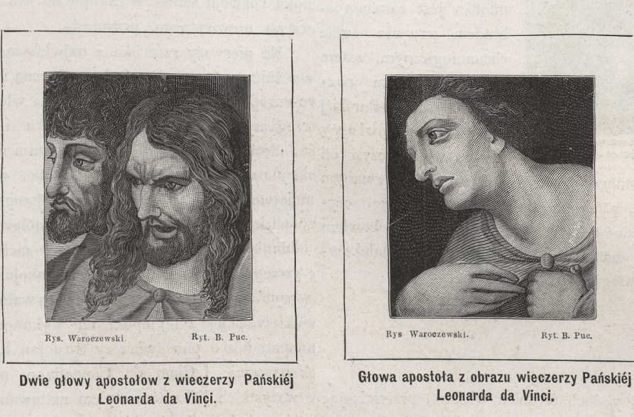 Wycinek z książki - rycina, ukazująca dwa zaginione rysunki głów Apostołów.
