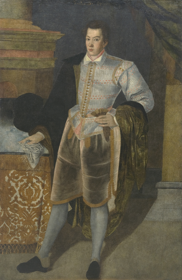 Portret całopostaciowy młodego mężczyzny w historycznym stroju.