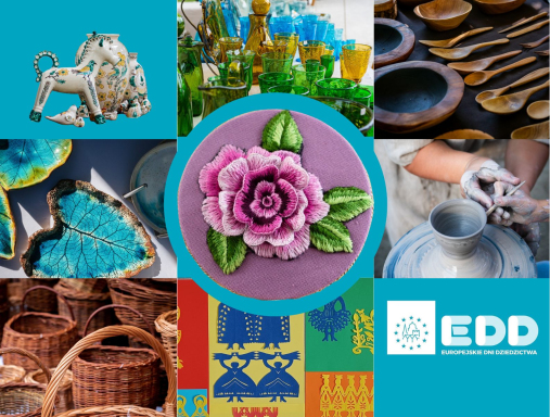 Kolaż rękodzieła, obejmującego ceramikę, wyroby z drewna, haft, szkło, kosze wiklinowe, tekstylia oraz logo Europejskich Dni Dziedzictwa (EHD) na niebieskim tle.