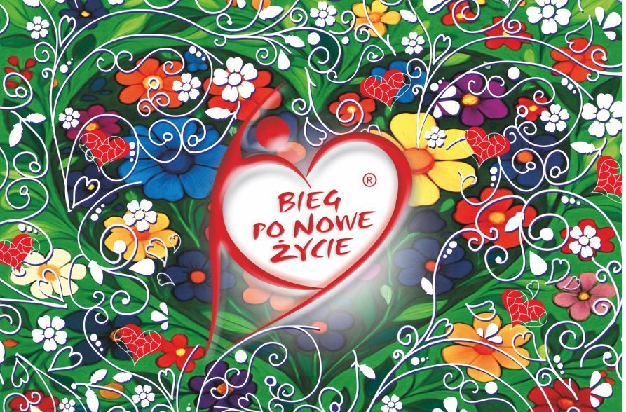 Grafika promocyjna 28. Biegu po Nowe Życie w Warszawie 6 września 2025 r. z kolorowym motywem kwiatowego serca i polskim tekstem o transplantologii.