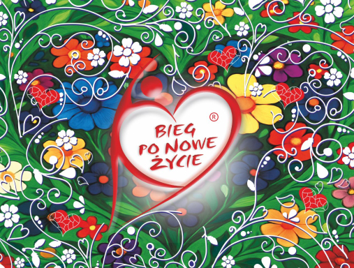 Grafika promocyjna 28. Biegu po Nowe Życie w Warszawie 6 września 2025 r. z kolorowym motywem kwiatowego serca i polskim tekstem o transplantologii.
