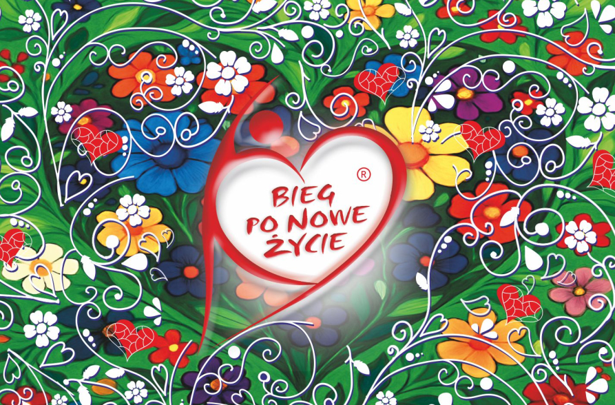 Grafika promocyjna 28. Biegu po Nowe Życie w Warszawie 6 września 2025 r. z kolorowym motywem kwiatowego serca i polskim tekstem o transplantologii.