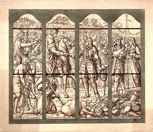 Projekt witraża dla kościoła w Cleveland z wyobrażeniem licznych bohaterów zwycięskiej bitwy pod Wiedniem 1683 r. oraz statystów, z królem Janem III Sobieskim na pierwszym planie