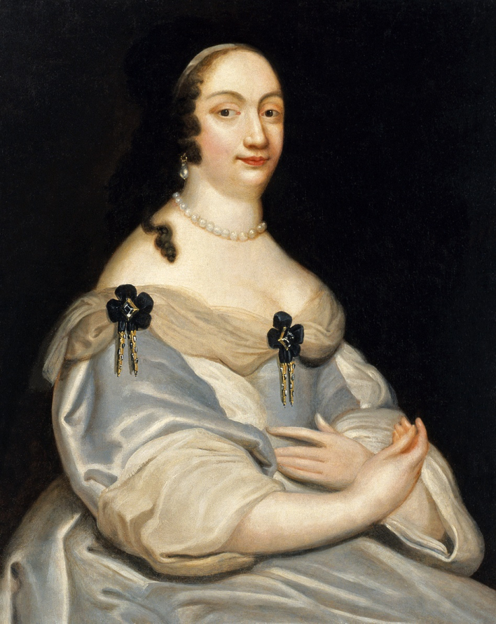 Wyniosła acz niepozbawiona wdzięku kobieta w średnim wieku spogląda na widza z reprezentacyjnego portretu; to Ludwika Maria Gonzaga, żona dwóch kolejnych władców z dynastii Wazów – Władysława IV oraz Jana Kazimierza. Przedstawiona jest w ujęciu do kolan, 3/4 w prawo, ubrana w srebrzystobiałą, nisko wyciętą suknię z bufiastymi rękawami, przybraną przy dekolcie muślinem i czarnymi kokardami. Szyję zdobi sznur pereł, w uszach kolczyki w kształcie łezki.