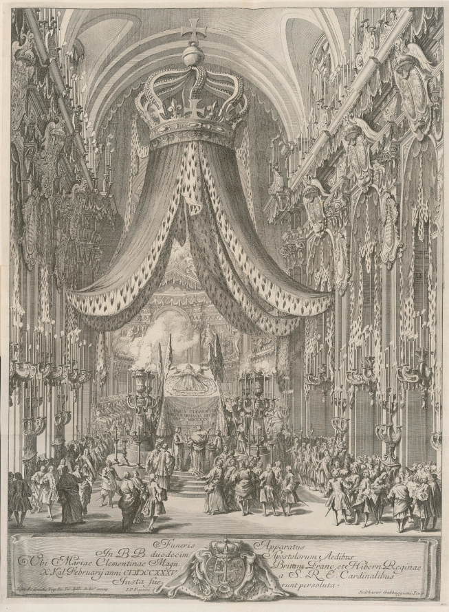 Castrum doloris Marii Klementyny Sobieskiej. Dekoracyjnie wystawna forma katafalku przygotowanego dla odprawiania uroczystości pogrzebowych (żałobnych). Rycina Baldassare'a Gabbuggianiego.
